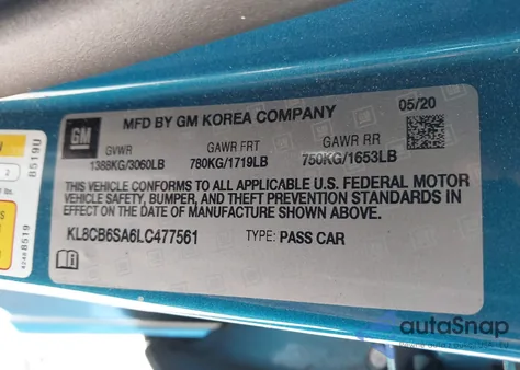 2020 Chevrolet Spark Fwd Ls Automatic из США, поврежденный, VIN KL8CB6SA6LC477561